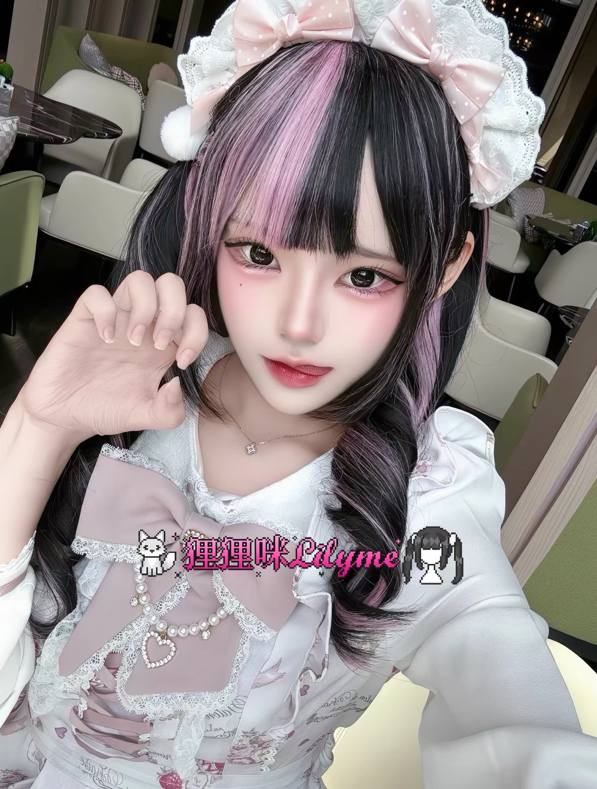 Black and dusty pink twin-tail curl wig styled with Lolita-inspired accessories