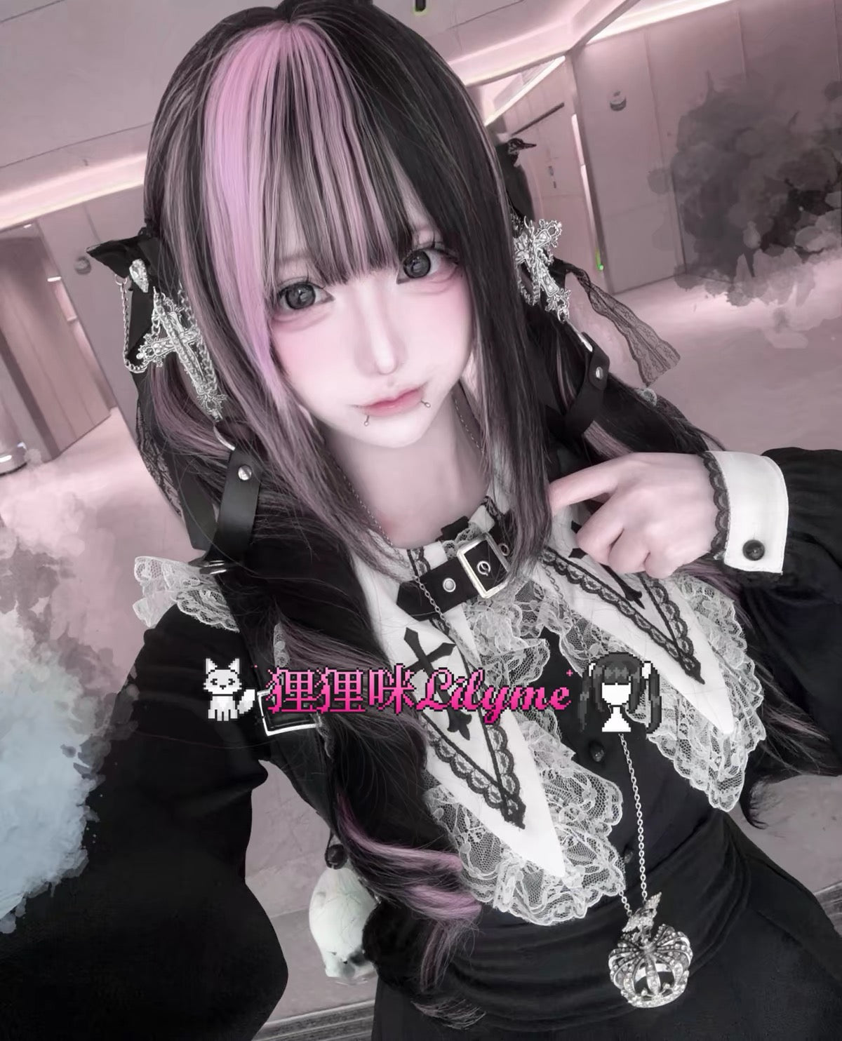 Black and dusty pink twin-tail curl wig styled in a Jirai Kei look
