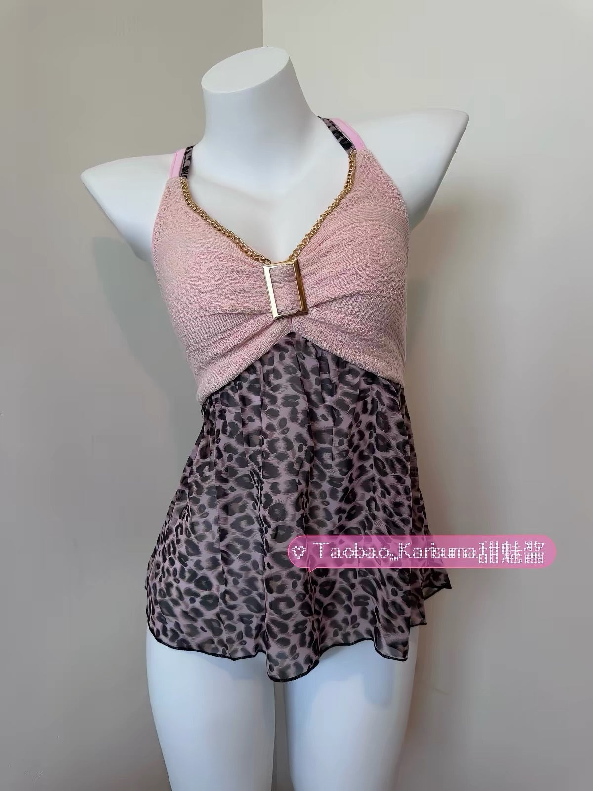 Karisuma leopard-print halter top with a pink gathered bodice and gold-tone chain trim on a mannequin