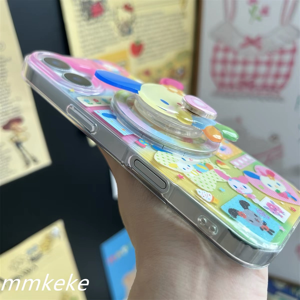 Side view of kawaii bunny phone case with magnetic holder