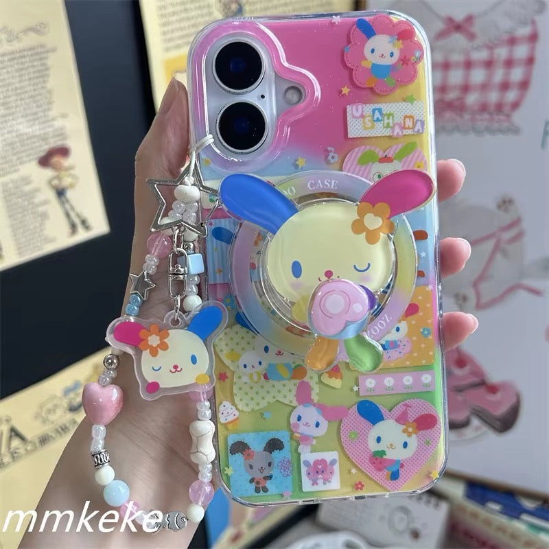 Kawaii bunny phone case with magnetic holder and beaded charm