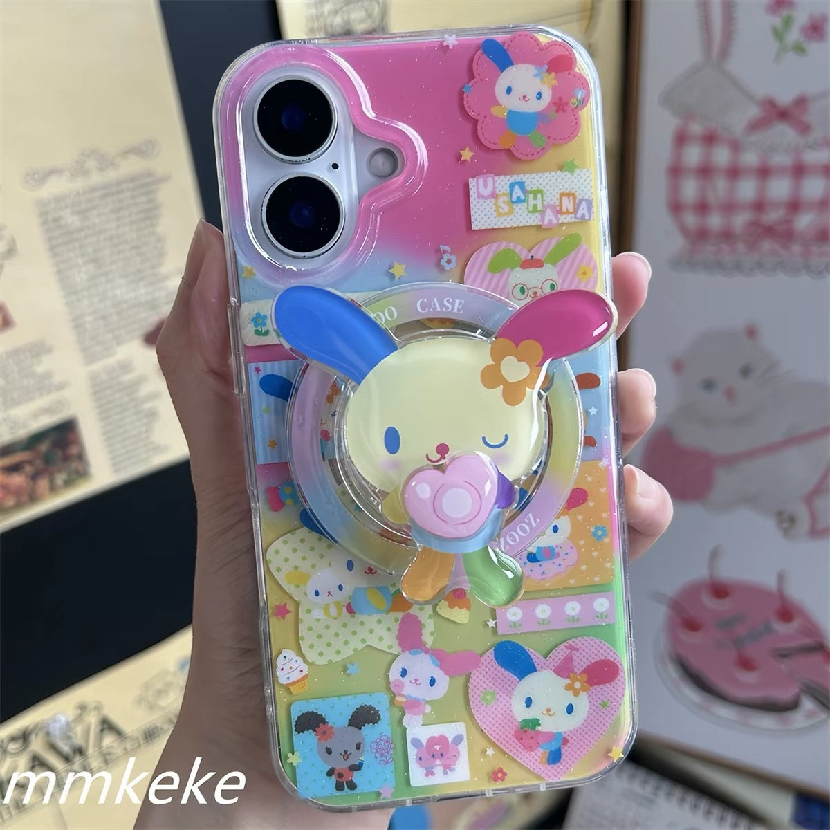 Close view of kawaii bunny phone case with magnetic holder