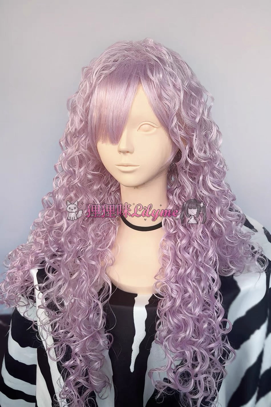 Front view of long lavender-pink curly wig