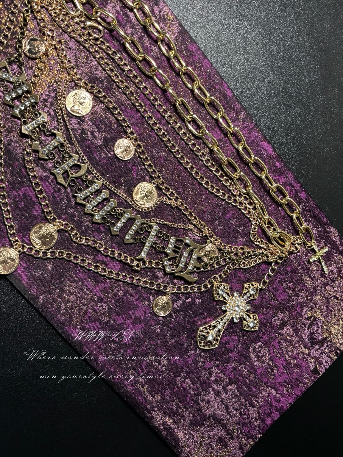 Layered pendant belt rhinestone lettering and coin charm detail