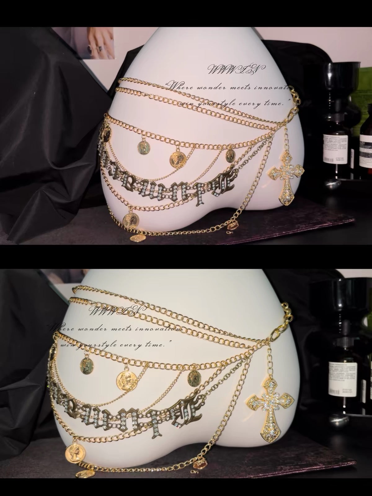 Layered gold-tone pendant belt with cross and coin charms on mannequin