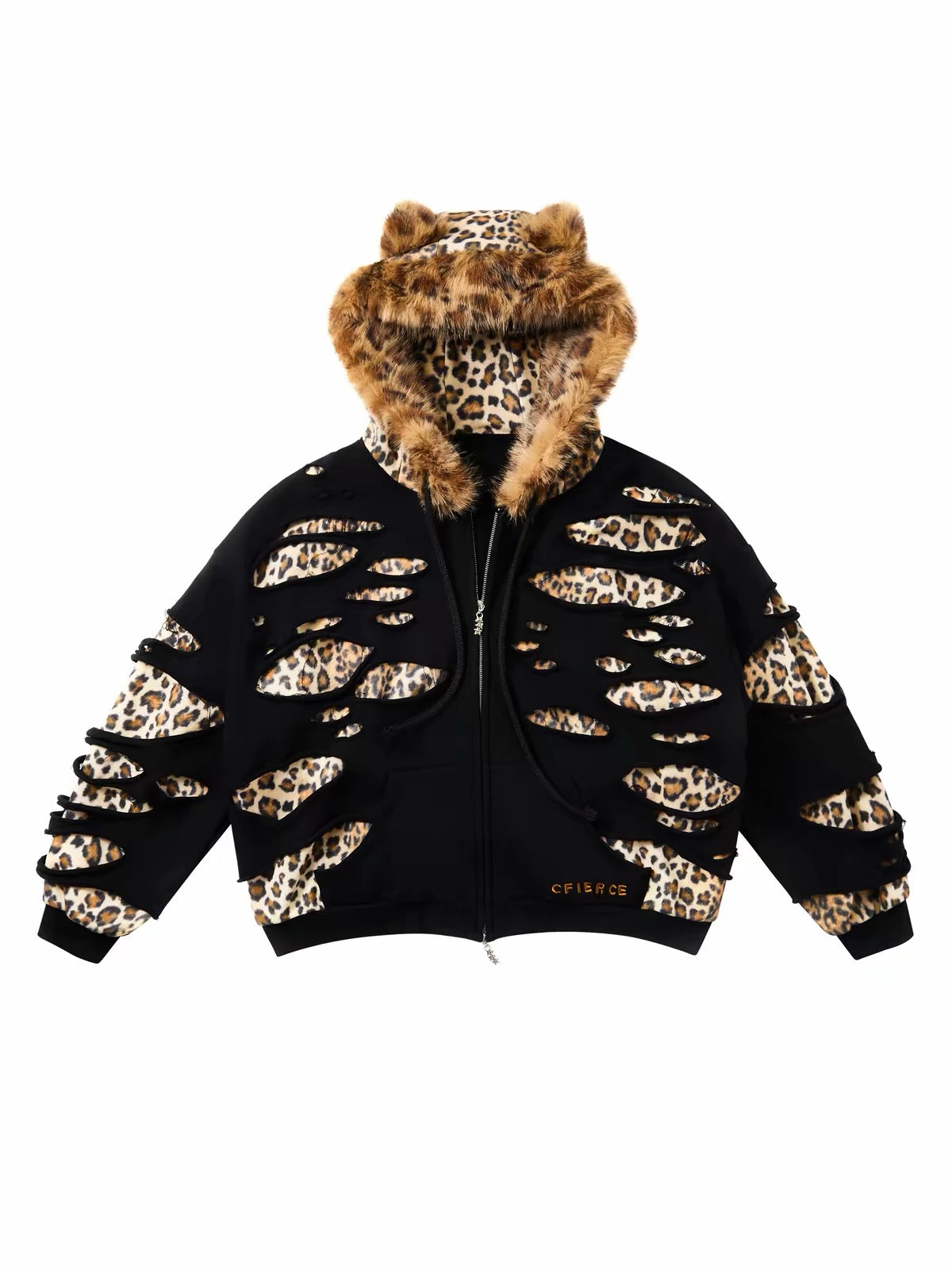 Leopard distressed hooded jacket front product view