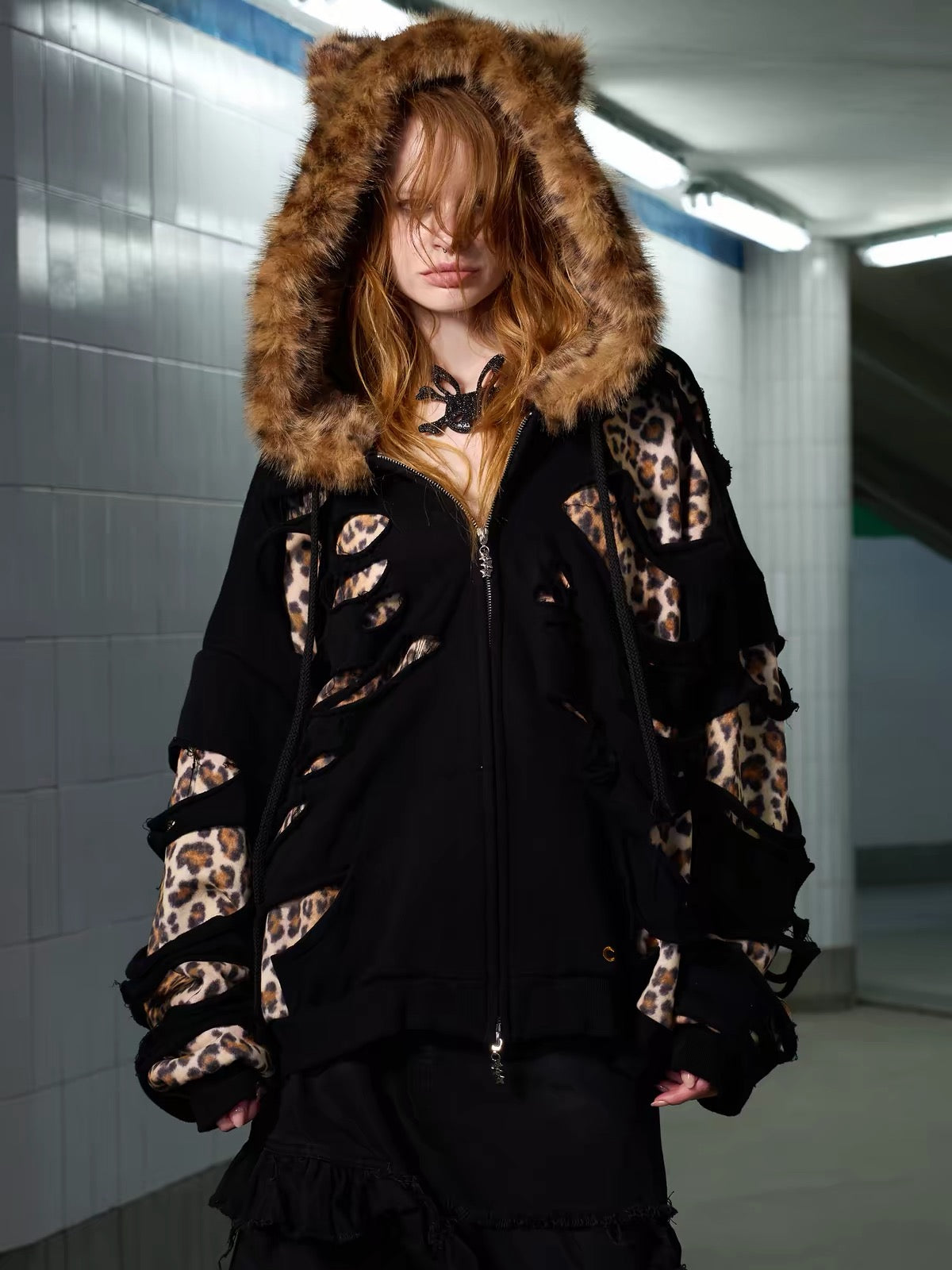 Leopard faux-fur hooded jacket modeled front view