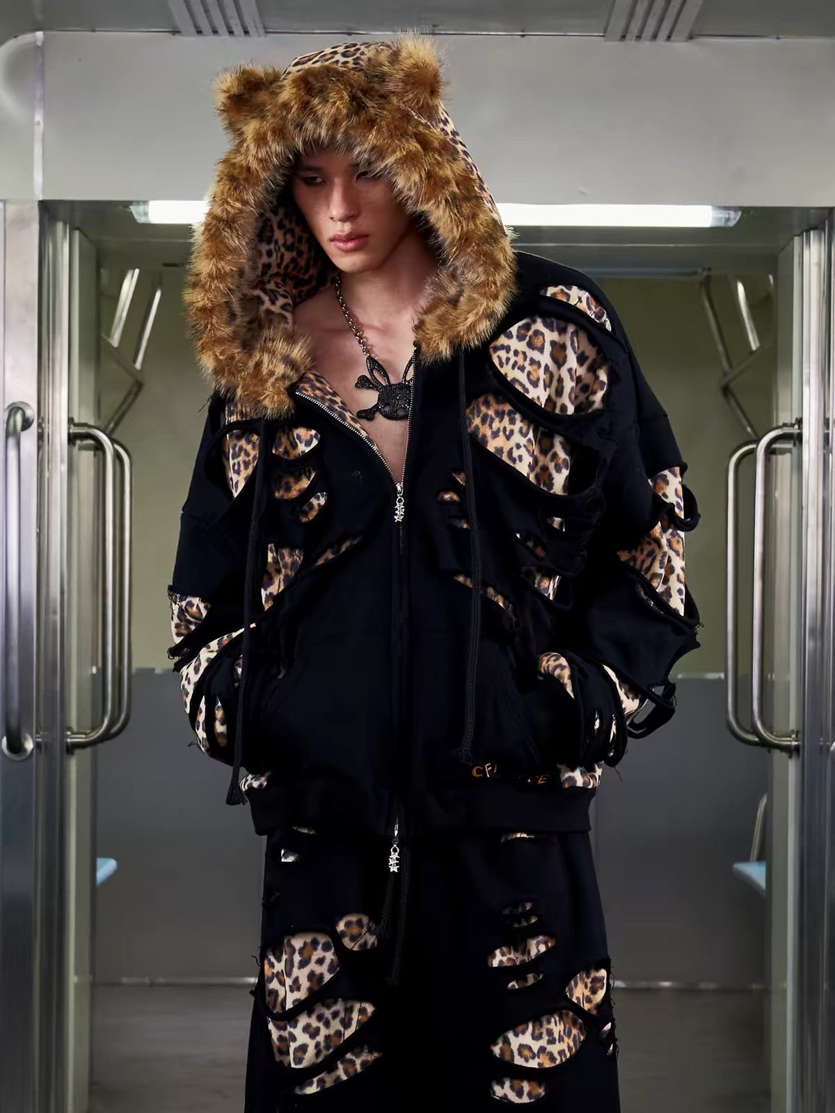 Leopard distressed hooded jacket modeled oversized view