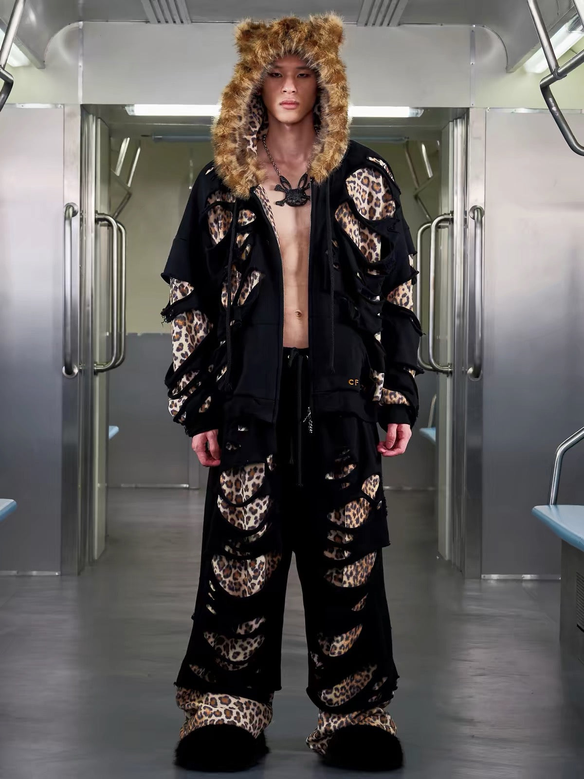 Leopard hooded jacket modeled full outfit view