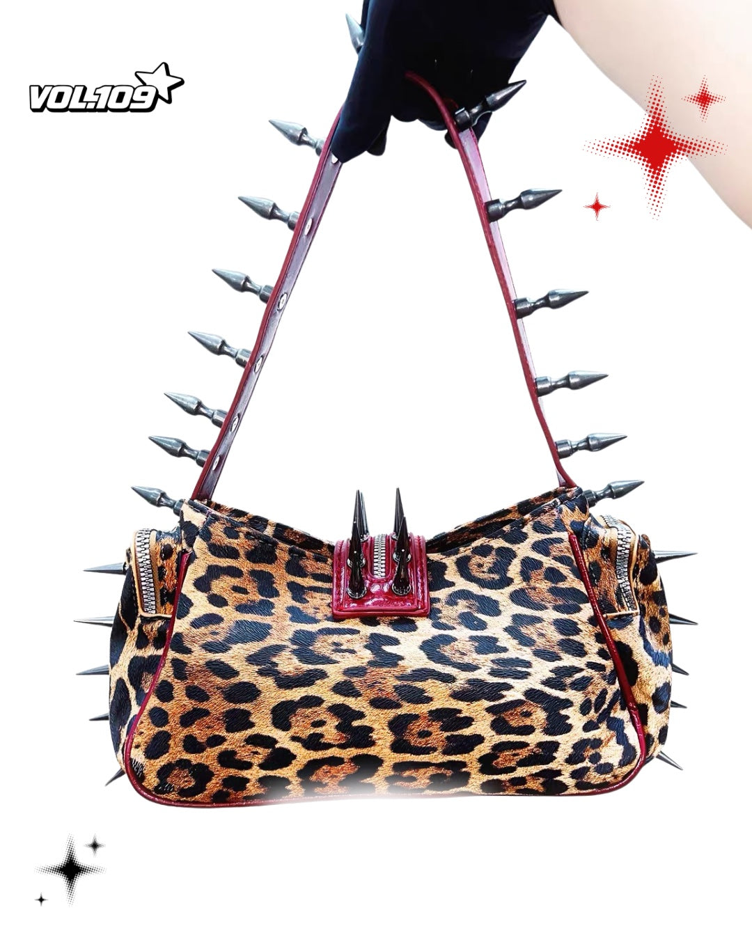 Back view of leopard print shoulder bag with spiked red strap