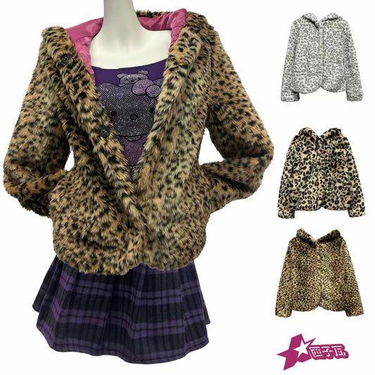 Leopard faux fur hooded jacket color variants