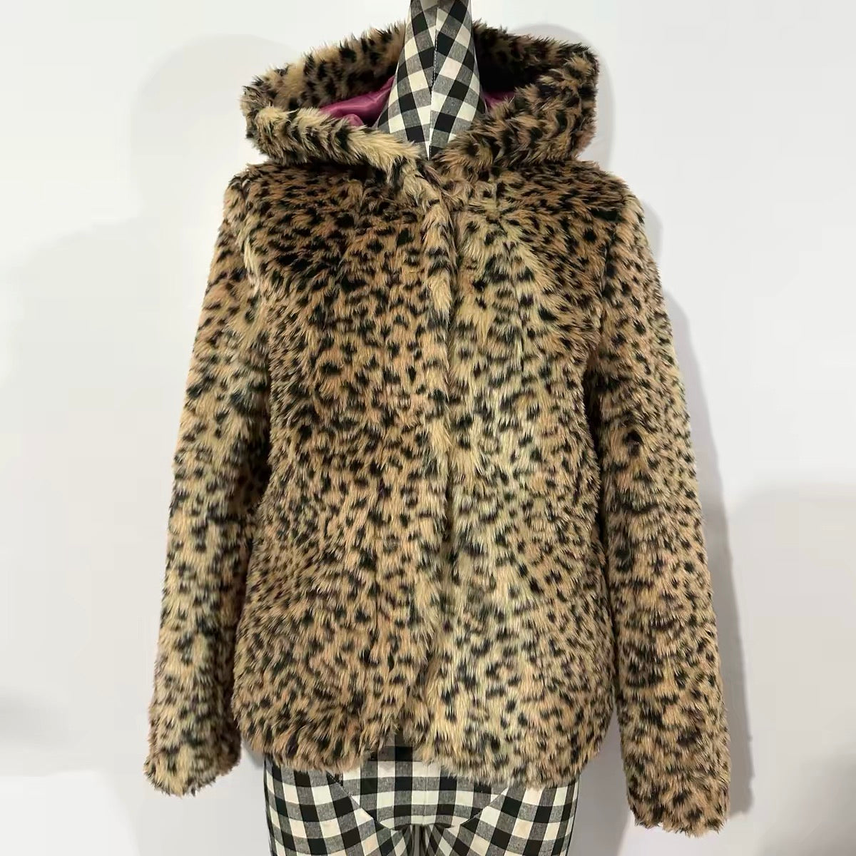 Brown leopard faux fur hooded jacket mannequin view