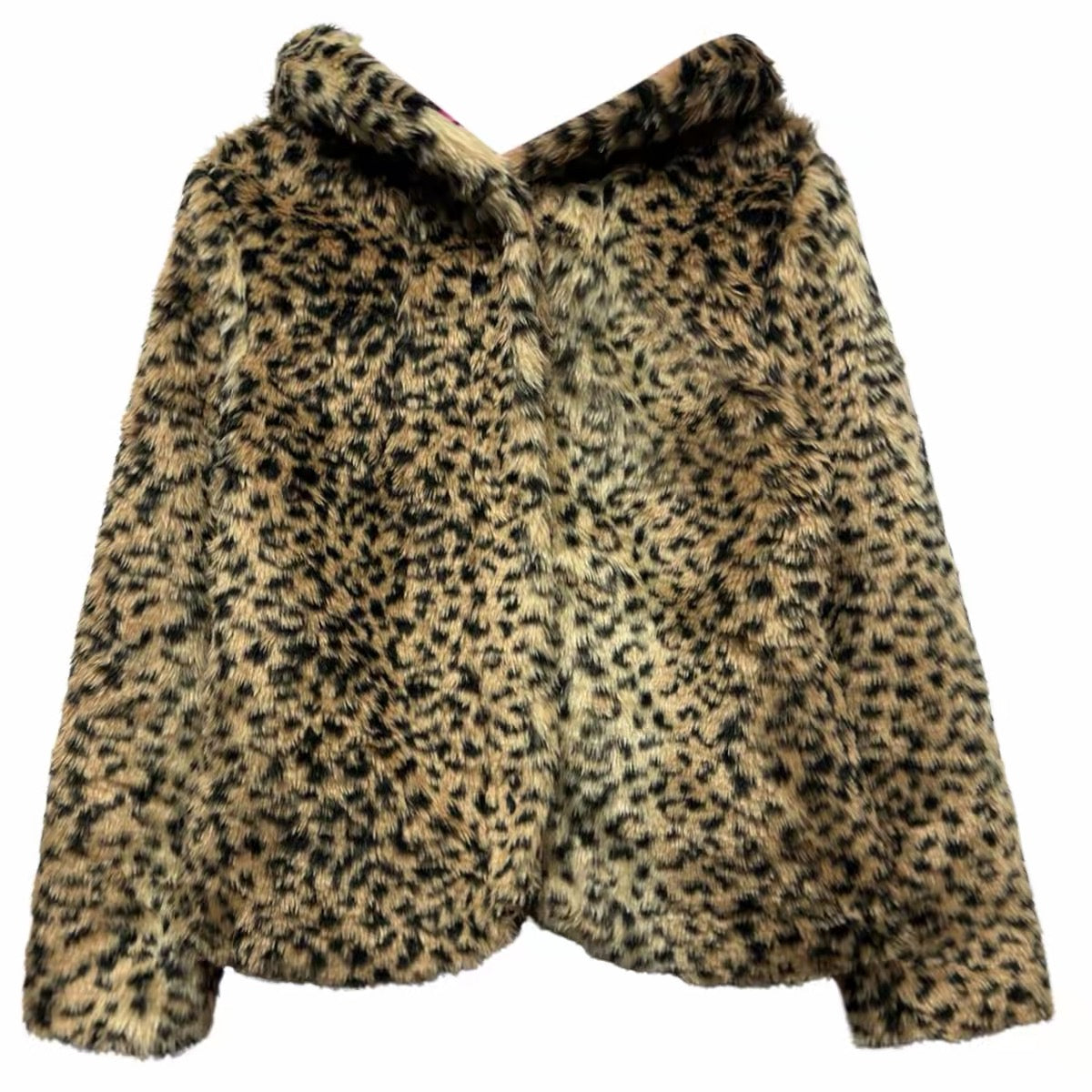 Brown leopard faux fur hooded jacket product view