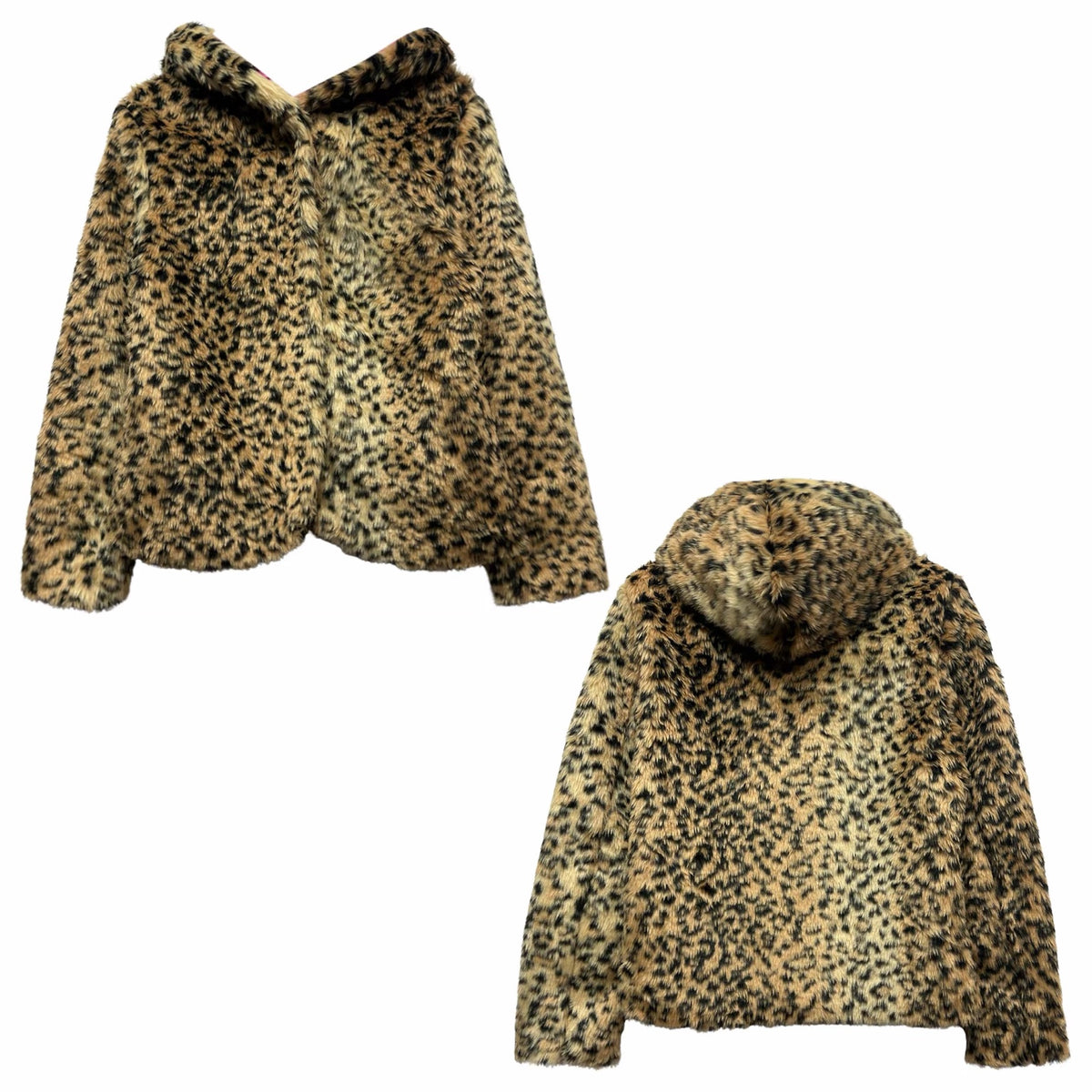 Brown leopard faux fur hooded jacket front and back