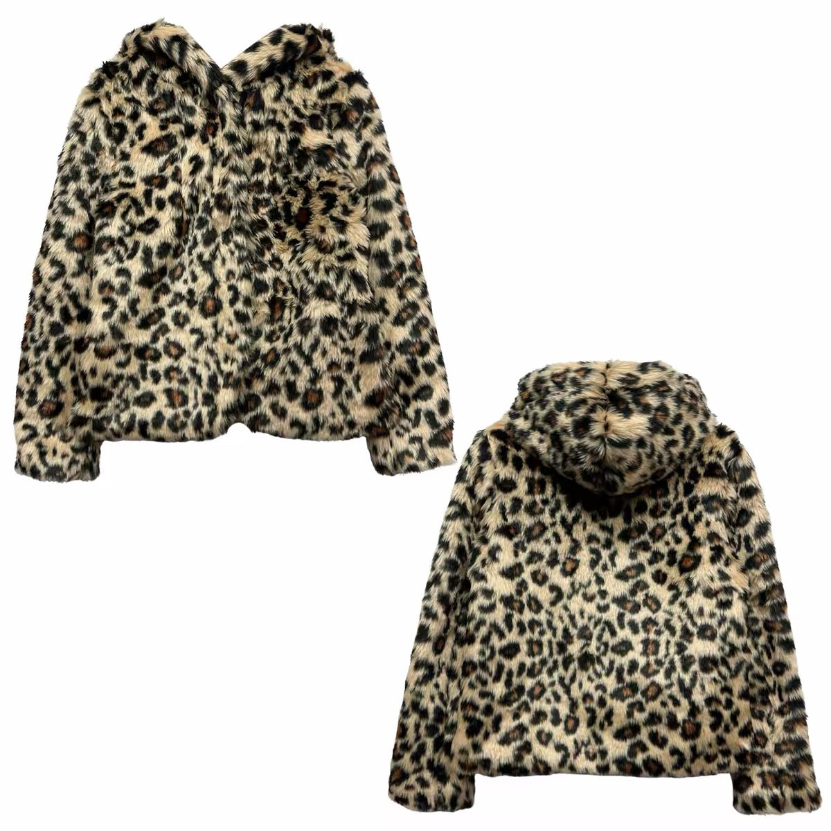 Yellow leopard faux fur hooded jacket front and back