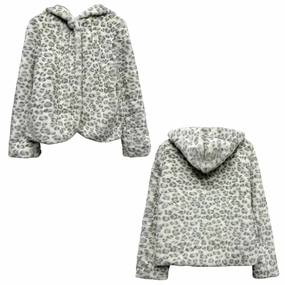 White gray leopard faux fur hooded jacket front and back