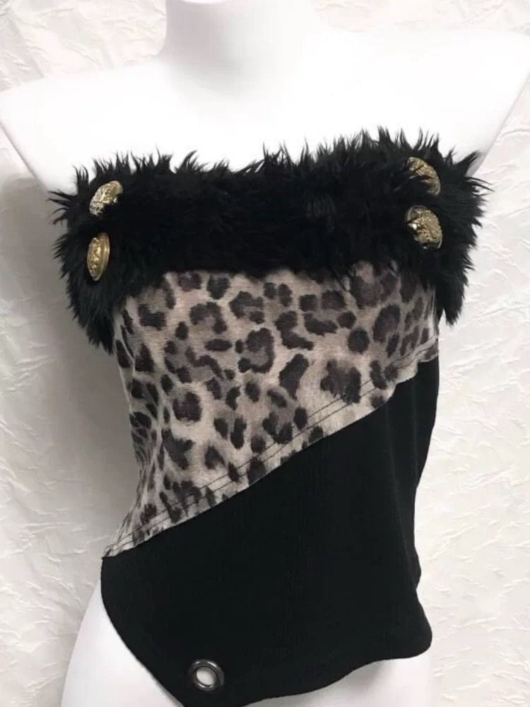 Leopard faux-fur corset halter top front view alternate