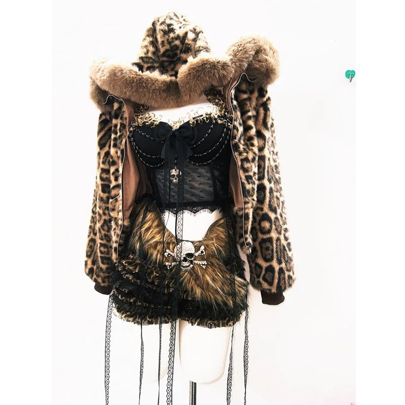 Leopard print hooded jacket, lace top and ruffled shorts full set