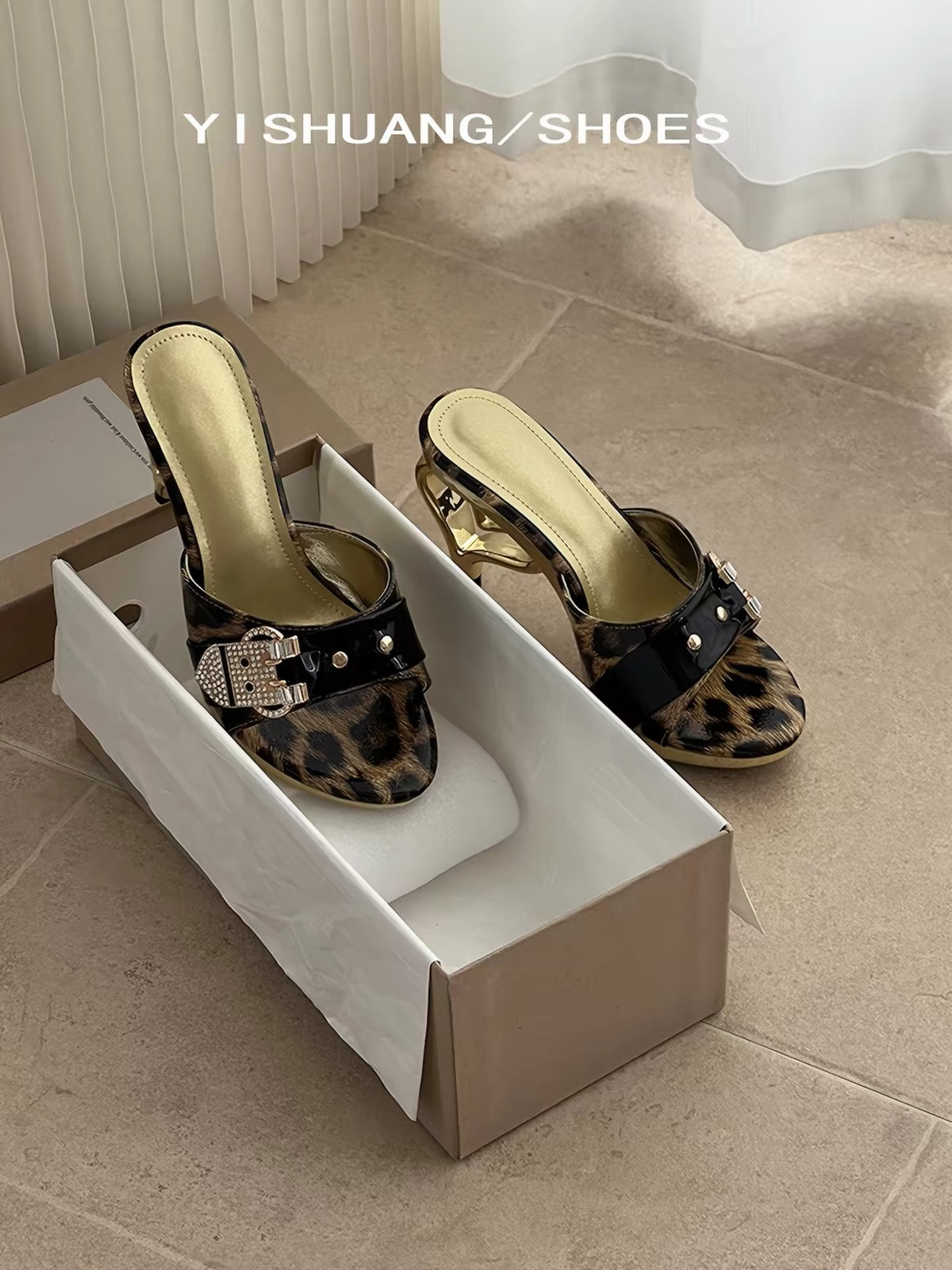 Leopard print mule heels side view