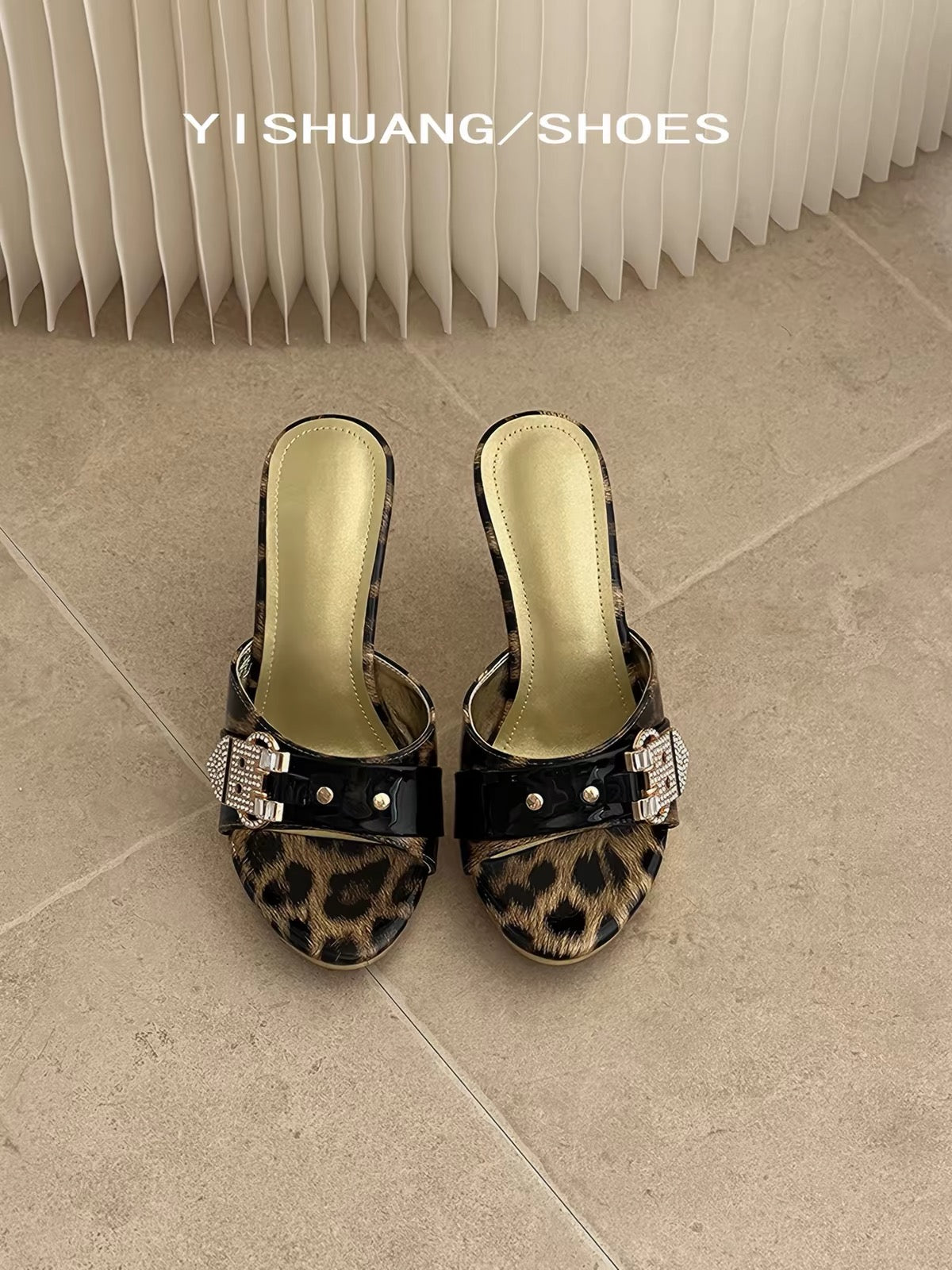 Leopard print mule heels front view