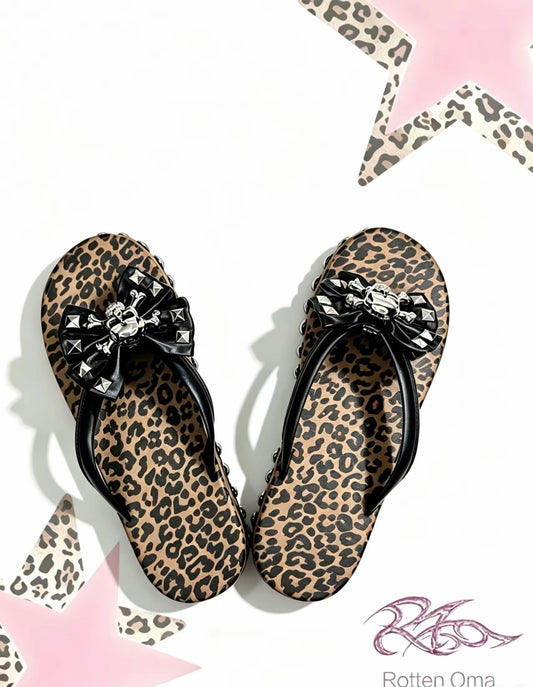 Leopard skull bow flip-flop sandals front view