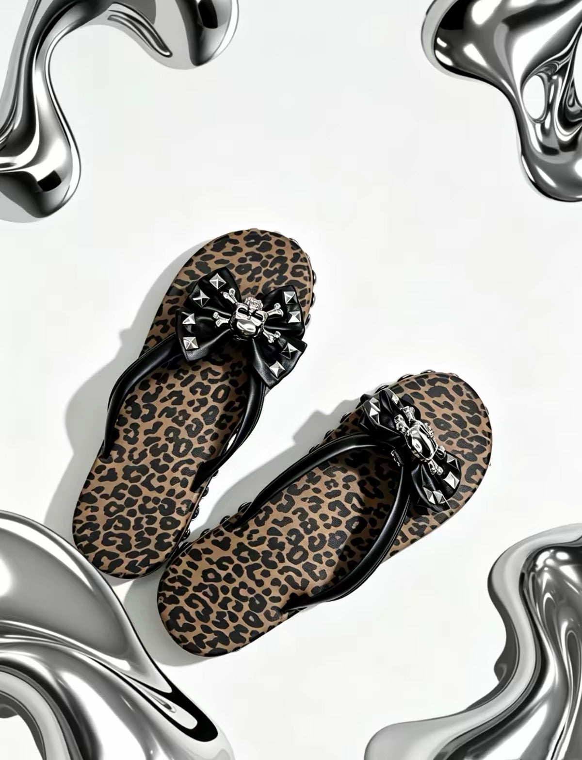 Leopard skull bow flip-flop sandals product view
