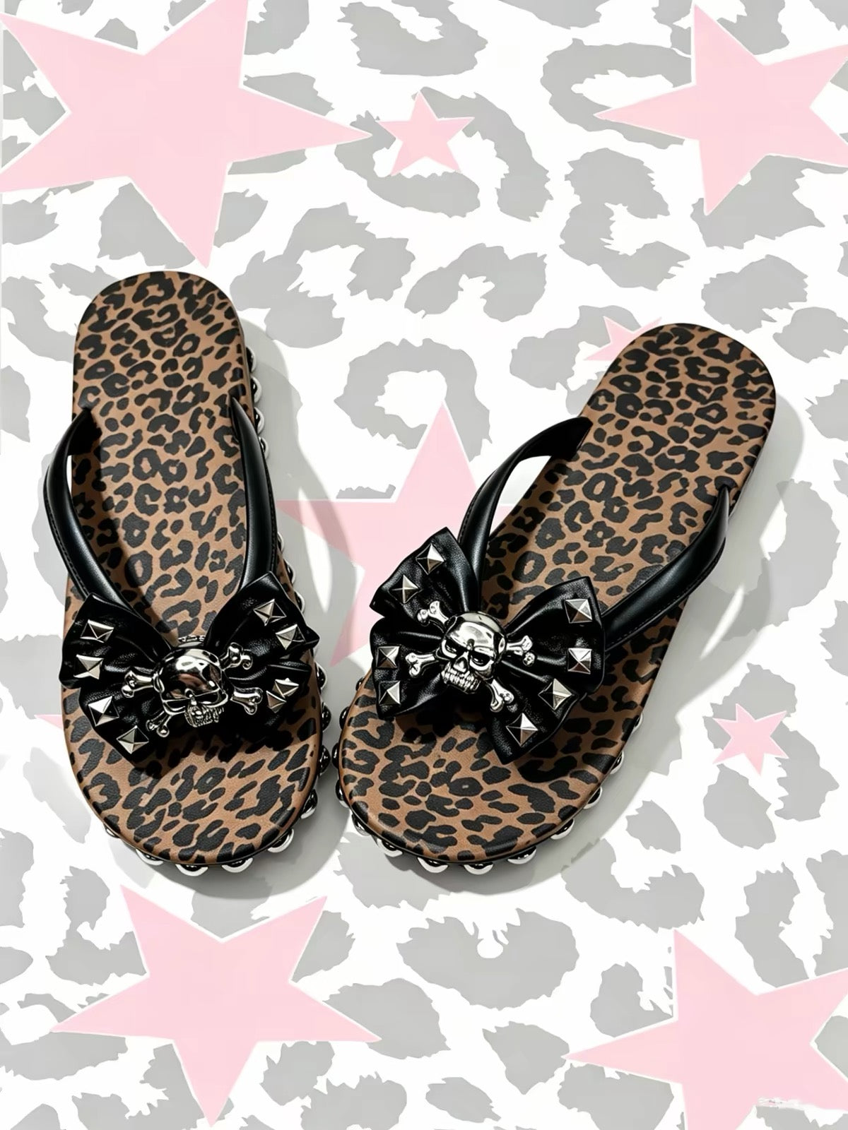 Leopard skull bow flip-flop sandals styled display