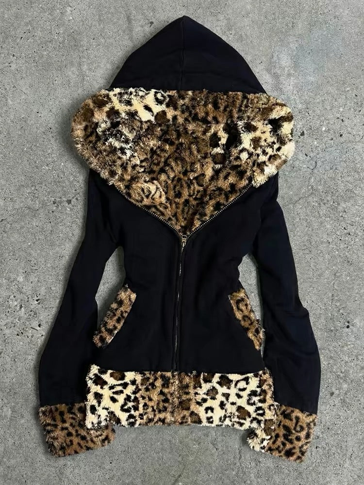 Black fitted hooded jacket with leopard faux-fur trim