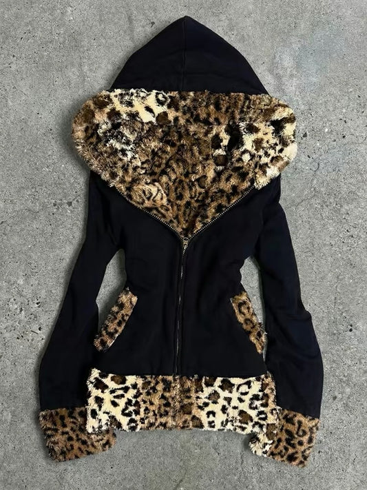Black fitted hooded jacket with leopard faux-fur trim