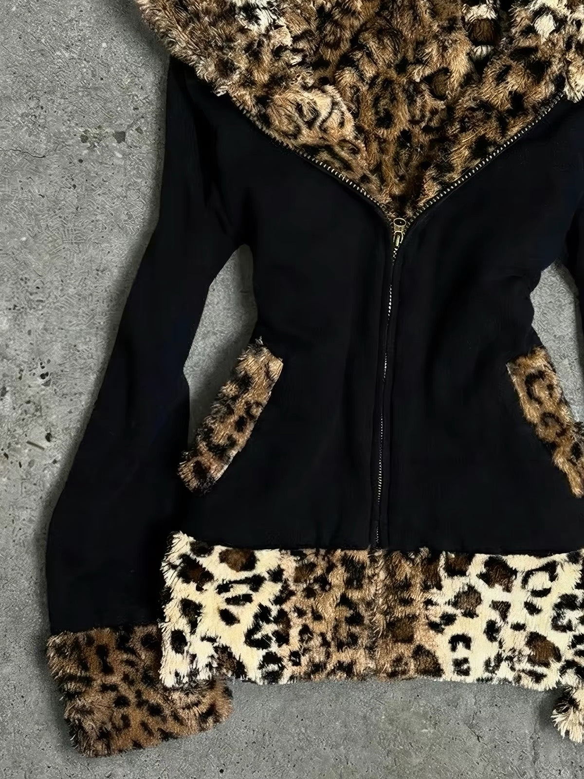 Leopard faux-fur trim at hem and cuffs