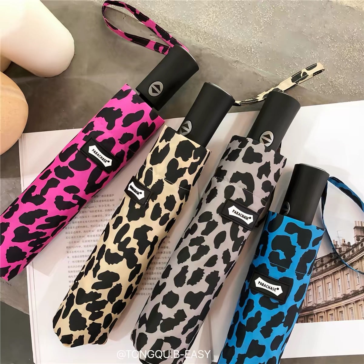 Leopard print automatic umbrellas in pink beige gray and blue