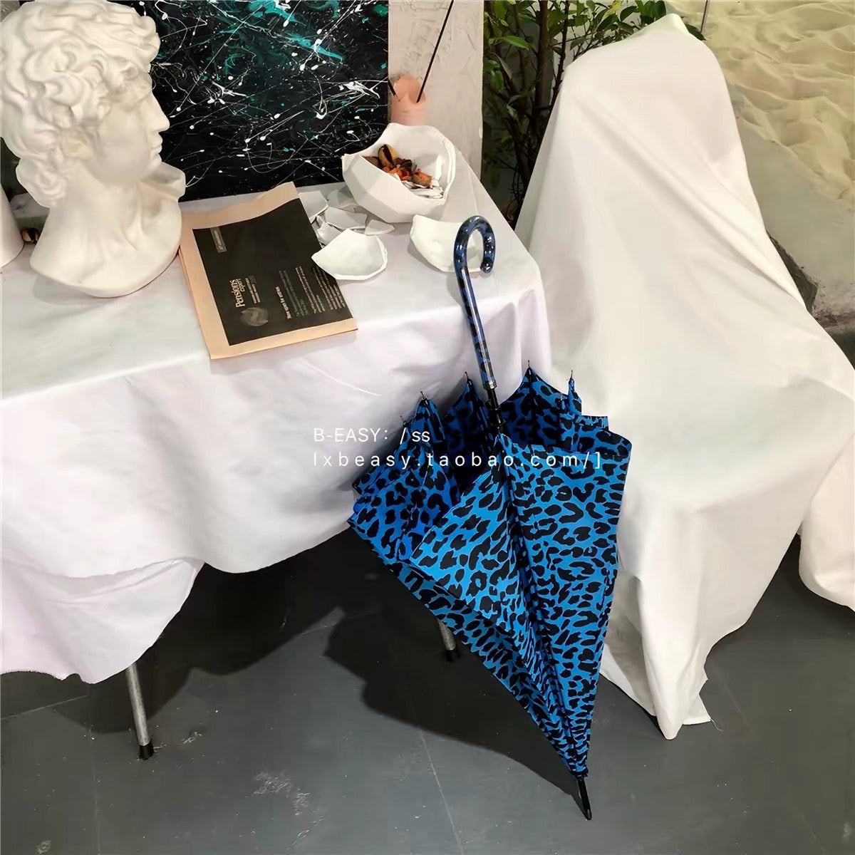 Blue leopard print umbrella lifestyle display