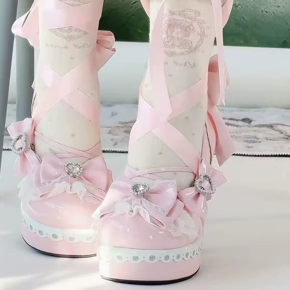 Pink Lolita platform heels with ribbon ankle ties