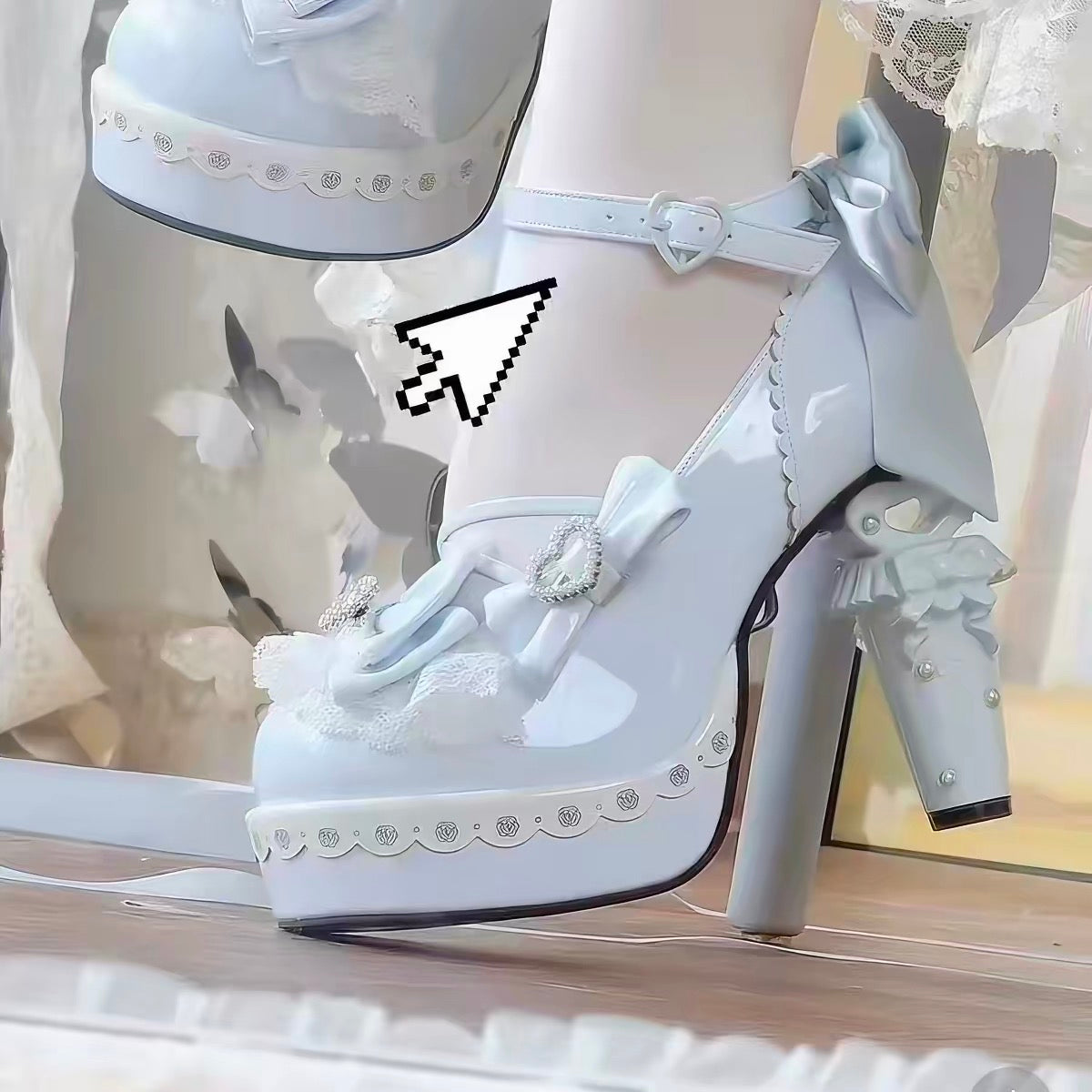 White Lolita platform heels with bows, lace, and heart buckle