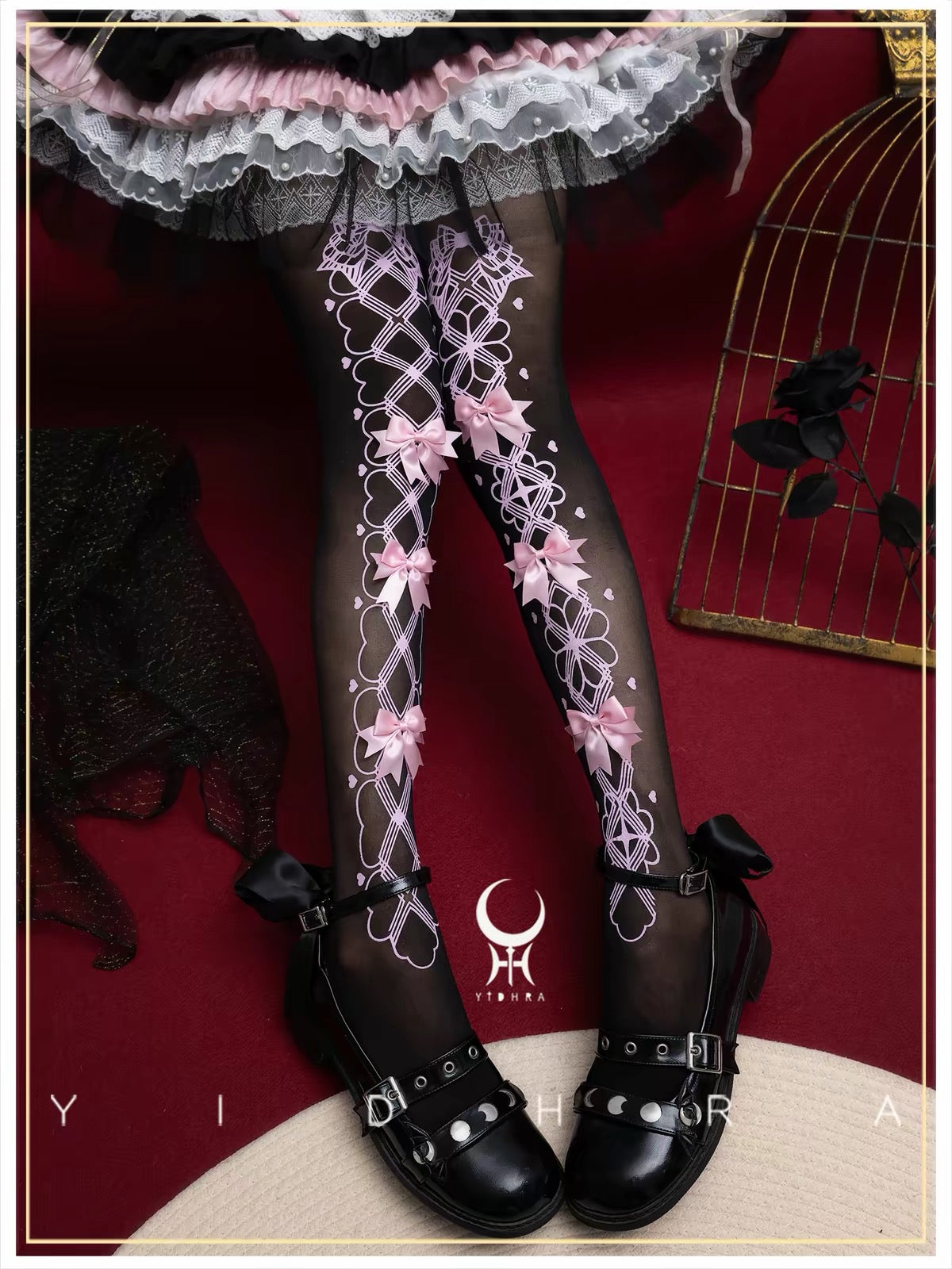 Black sheer Lolita tights with pink lace pattern and bows