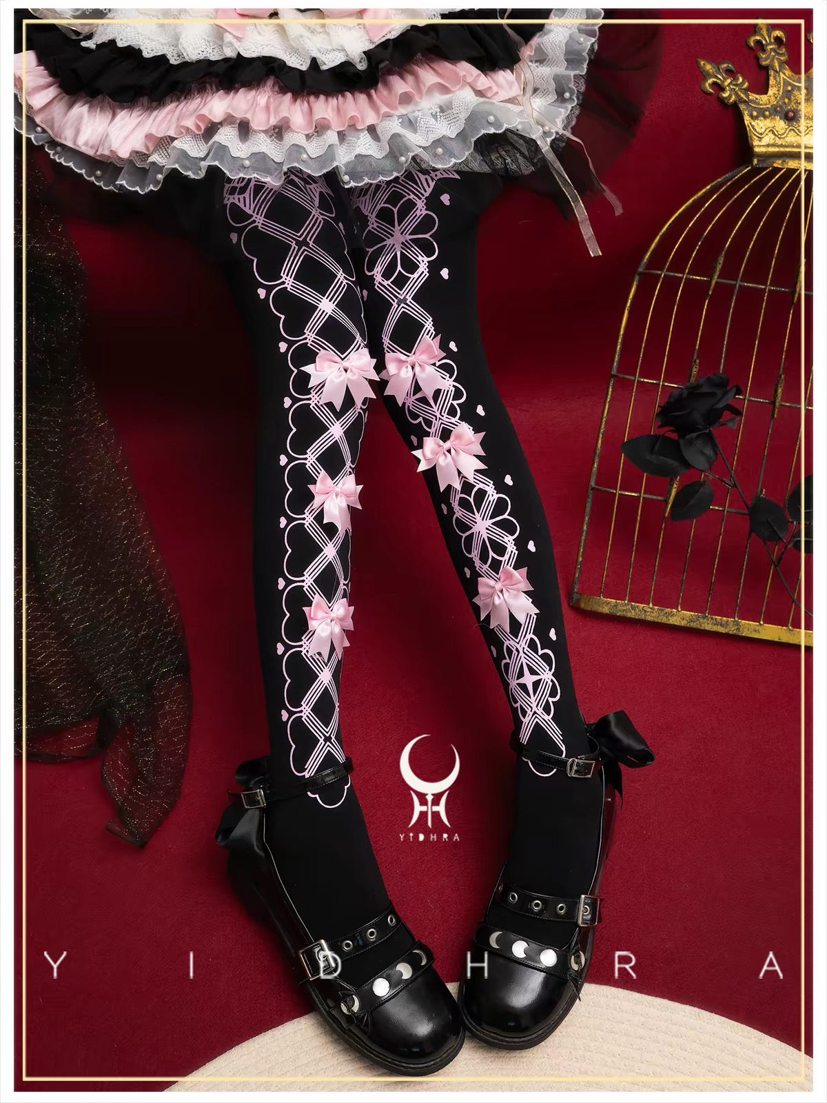 Black Lolita tights with pink printed lace pattern and satin bows