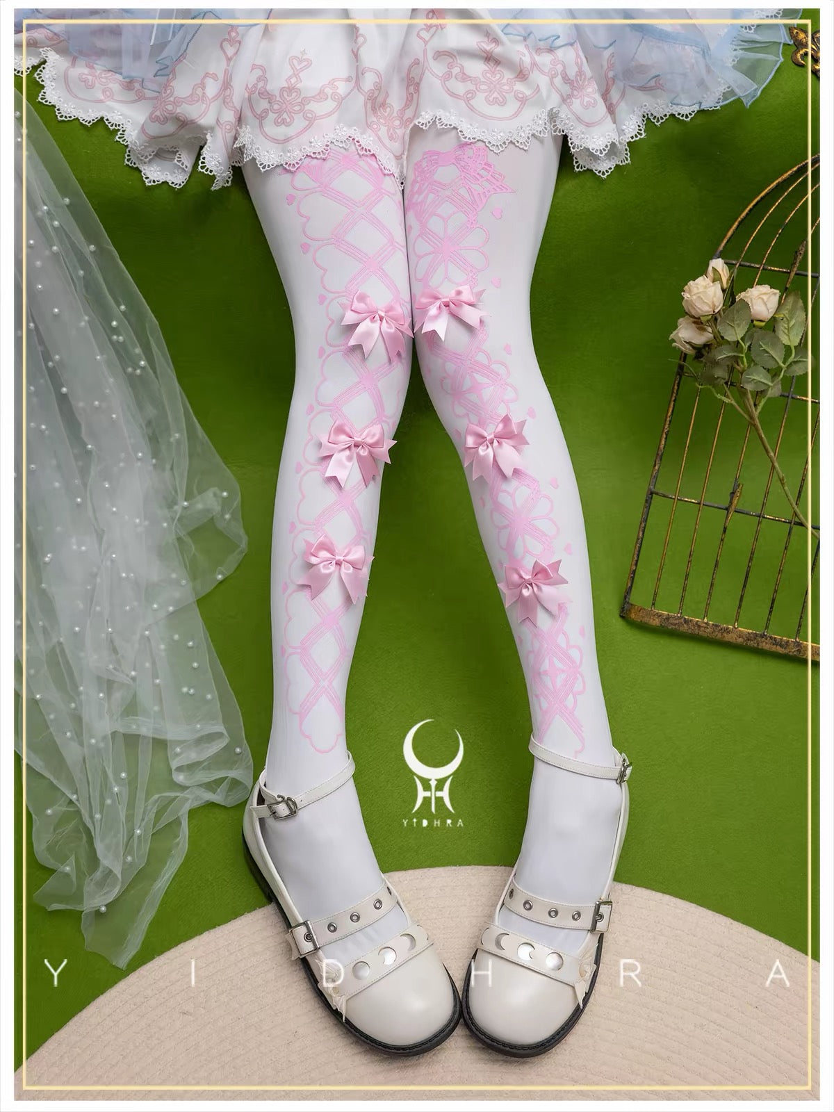 White Lolita tights with pink printed lace pattern and satin bows