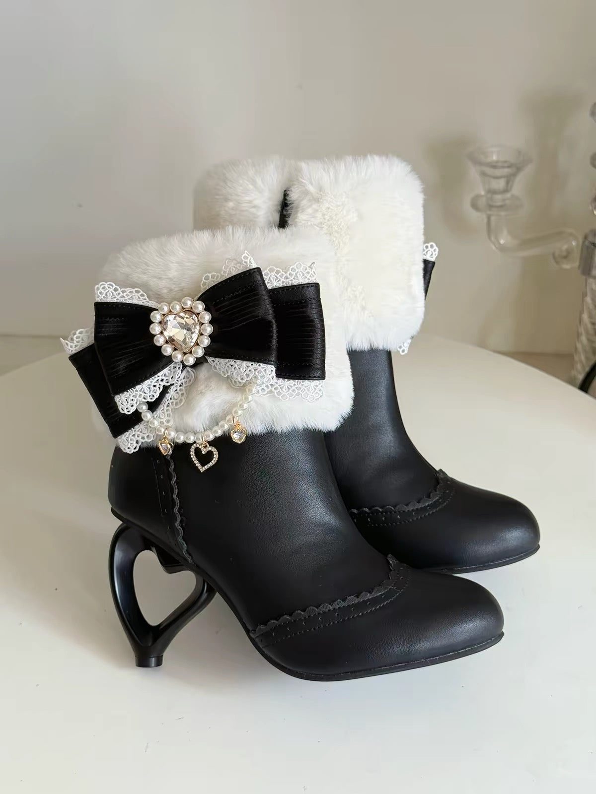 Black Lolita fur cuff boots with heart-shaped heel and black bow