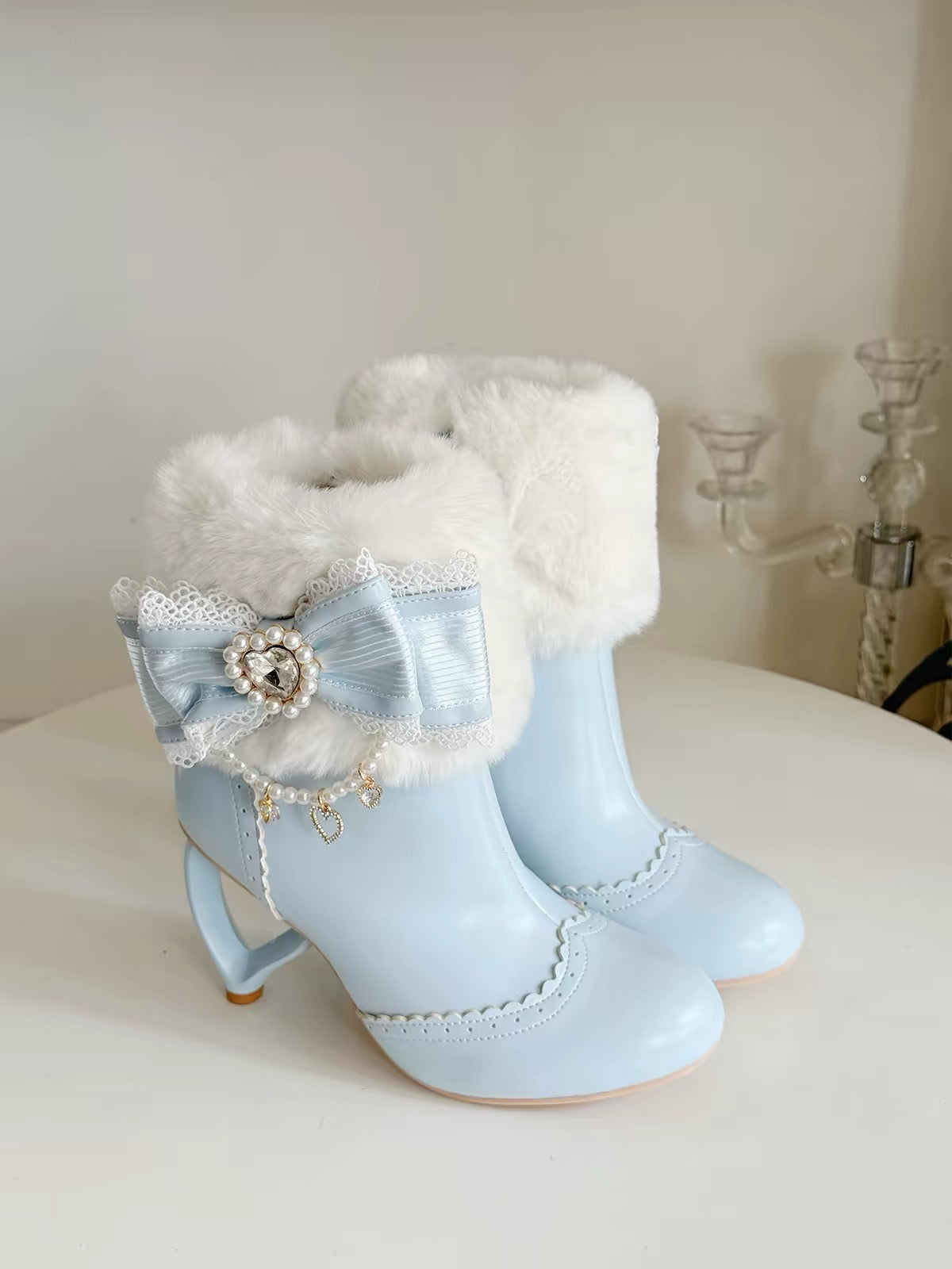 Light blue Lolita fur cuff boots with heart-shaped heel