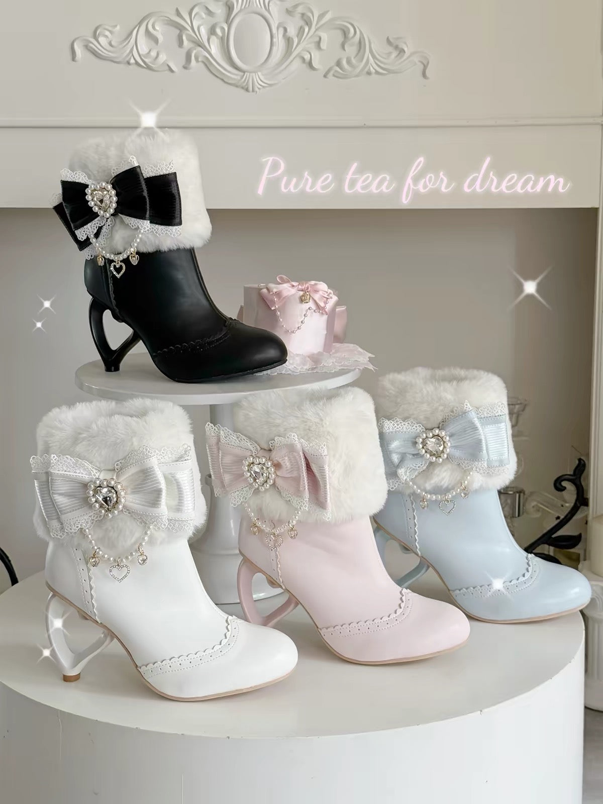 Lolita fur cuff boots in black, white, sakura pink and light blue with heart heels