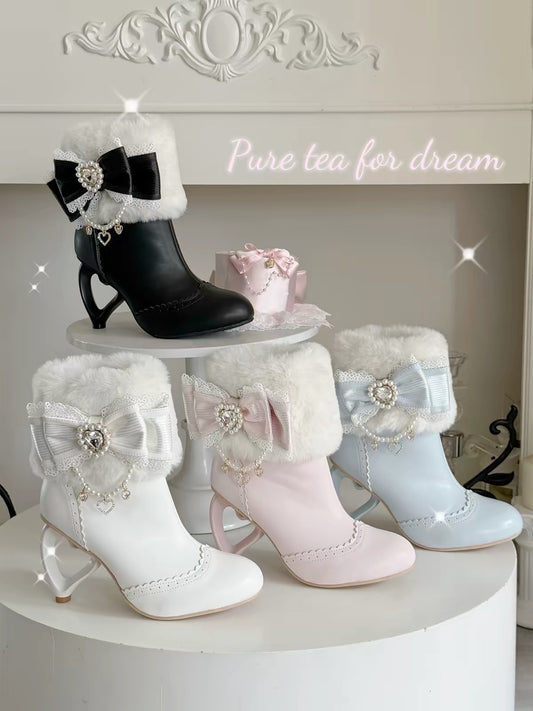 Lolita fur cuff boots in black, white, sakura pink and light blue with heart heels