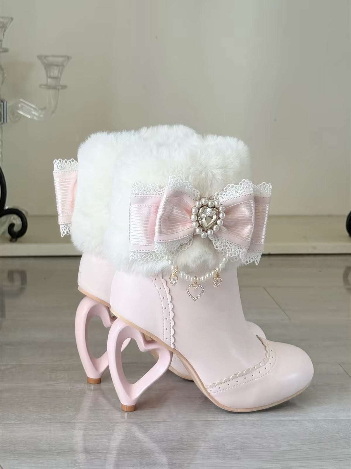 Sakura pink Lolita fur cuff boots with 9 cm heart-shaped heel