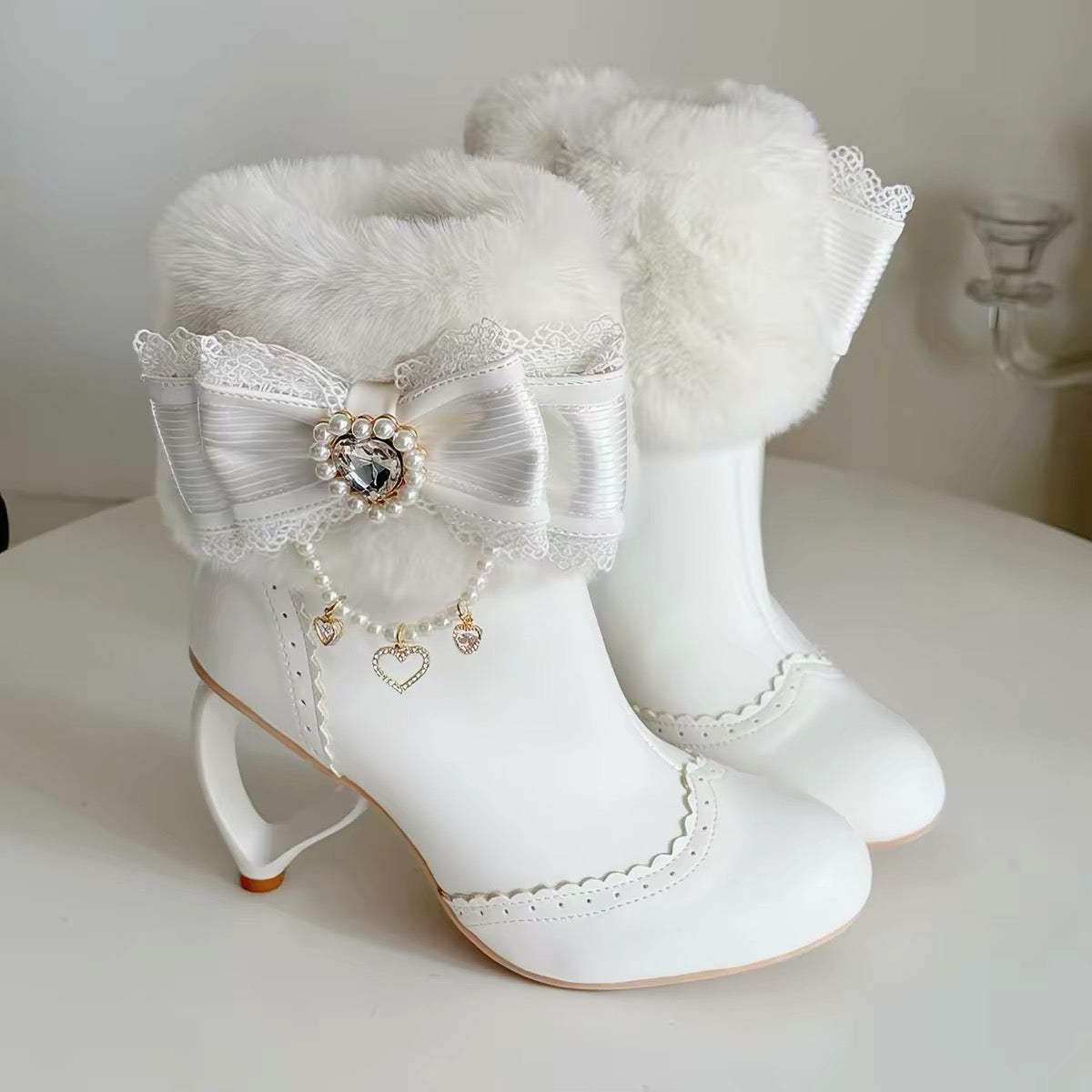 Milk white Lolita fur cuff boots alternate view