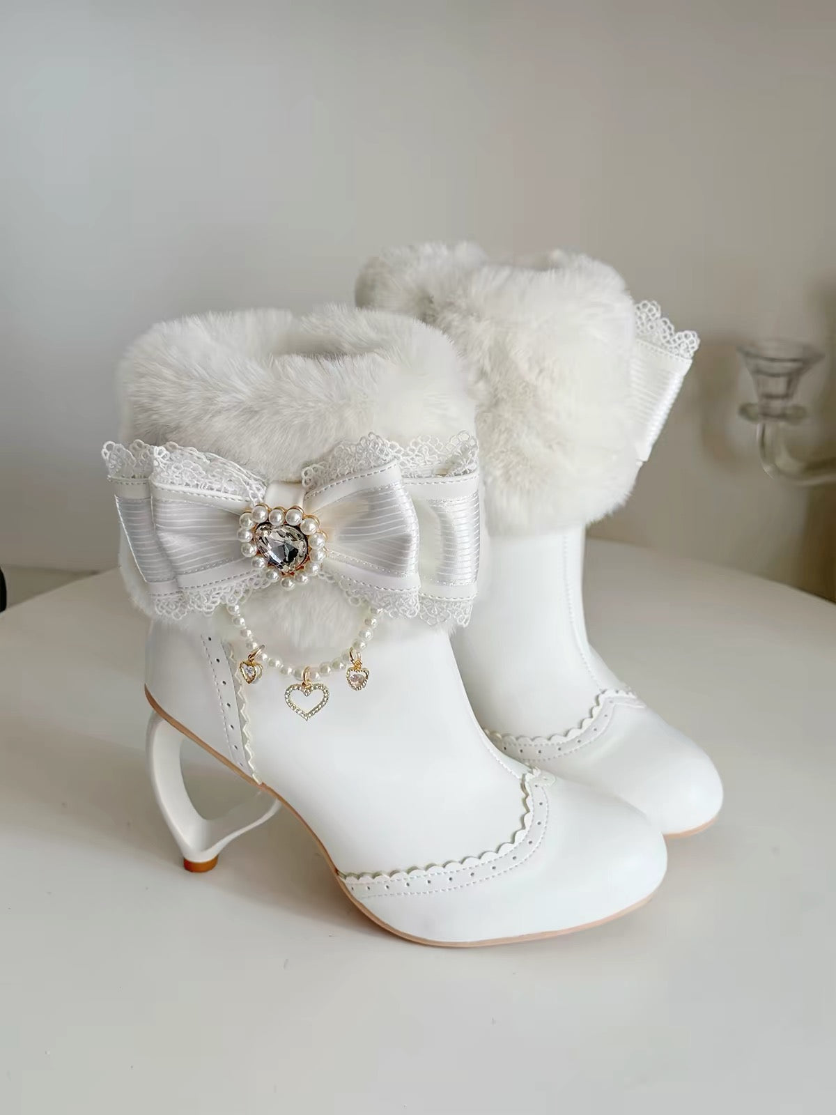 Milk white Lolita fur cuff boots with heart-shaped heel
