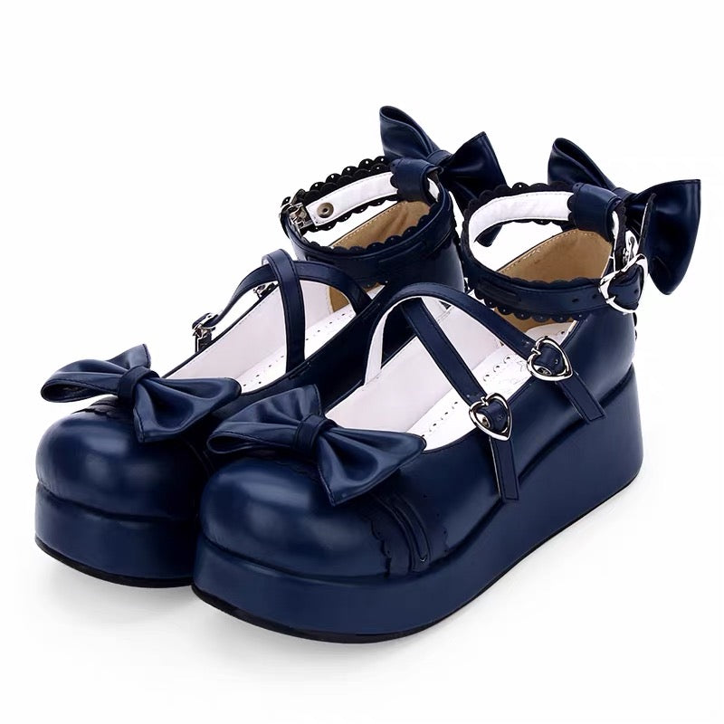 Dark blue Lolita platform bow shoes with heart buckles