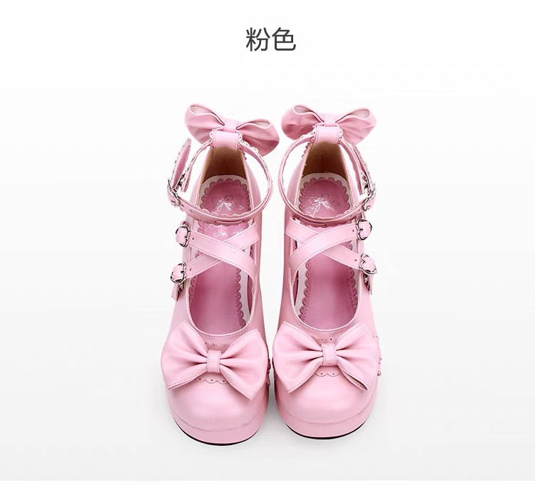 Pink Lolita platform bow shoes with heart buckles
