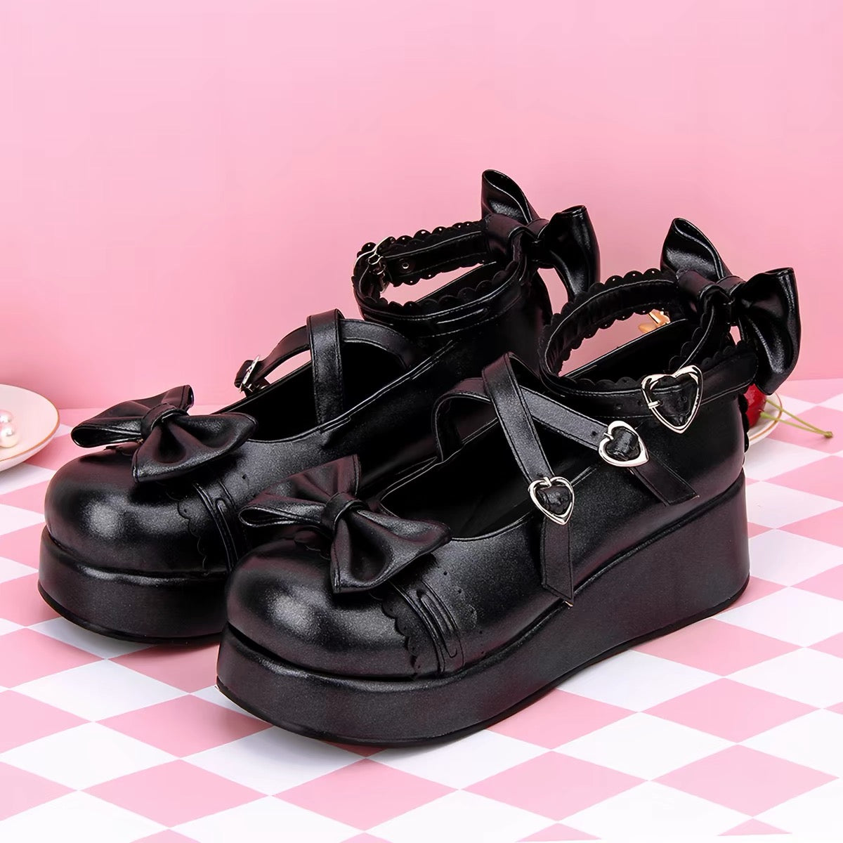 White Lolita platform bow shoes studio view