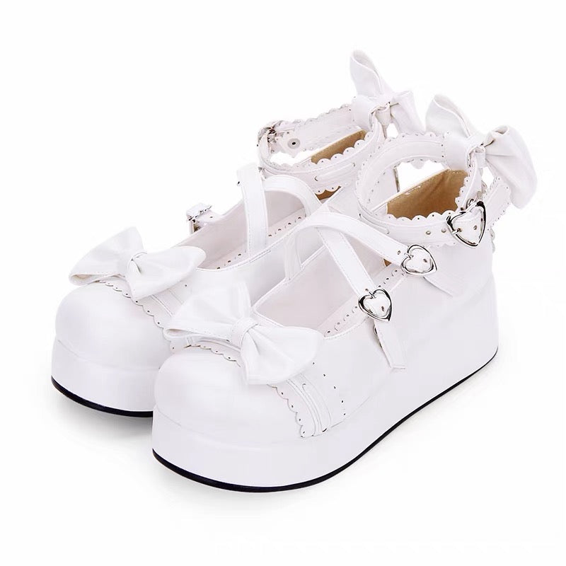 White Lolita platform bow shoes with heart buckles