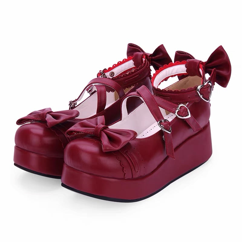 Wine red Lolita platform bow shoes with heart buckles