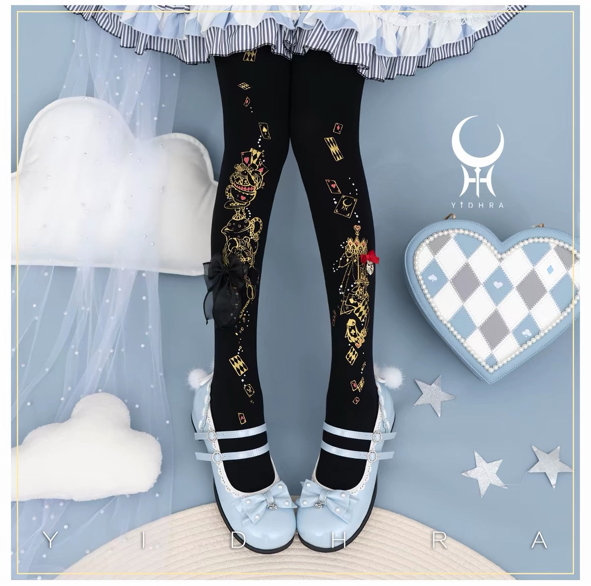 Black 120D Lolita tights with gold playing-card and tea-party print